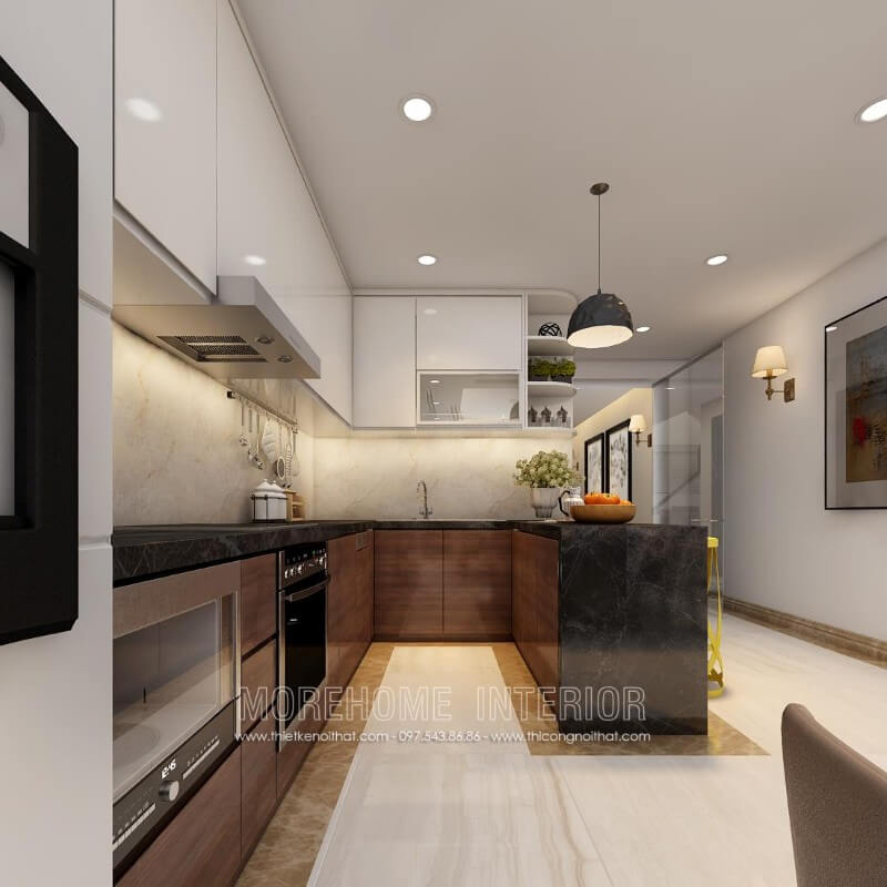 Thiết kế tủ bếp chung cư hiện đại, kết hợp bản đảo tạo sự tiện nghi cho người nội trợ trong quá trình dùng bữa Thiết kế và sản xuất tủ bếp đẹp