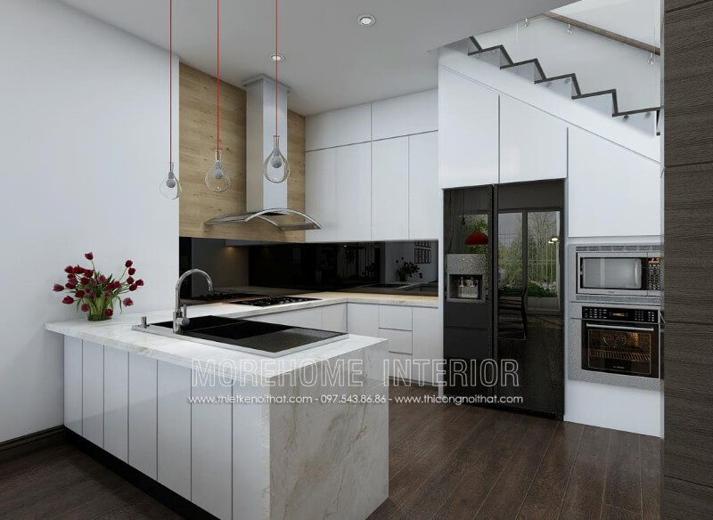 Một trong những mẫu tủ bếp gỗ An Cường giá rẻ được lựa chọn nhiều tại Morehome Tủ bếp gỗ công nghiệp và tủ bếp acrylic