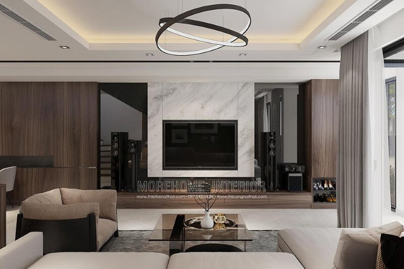 Thiết kế phòng khách ấn tượng từ tấm ốp phòng khách tương phản giữa 2 sắc màu đối lập: đen trắng. Mẫu nội thất biệt thự đẹp