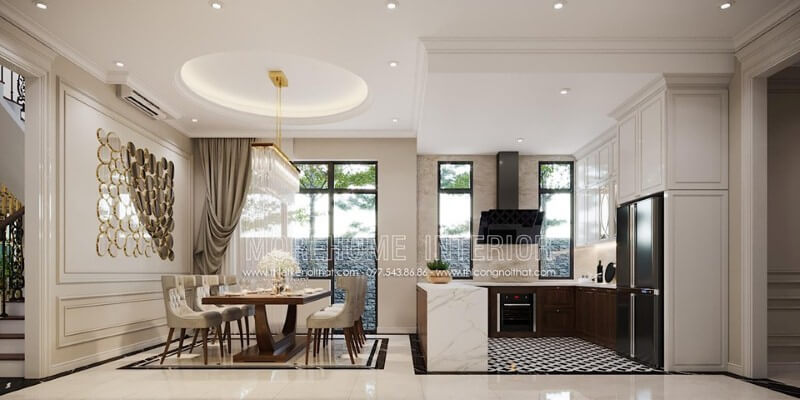Bố trí nội thất phòng ăn liền phòng bếp đẹp, sang trọng theo phong cách đương đại. Mẫu nội thất biệt thự đẹp