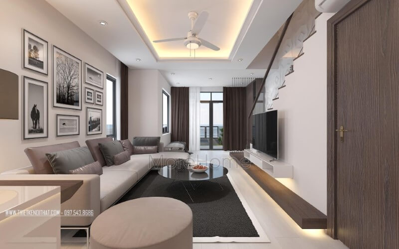 Sofa góc L bọc da cao cấp tạo điểm nhấn sang trọng cho phòng khách hiện đại. Mẫu nội thất biệt thự đẹp