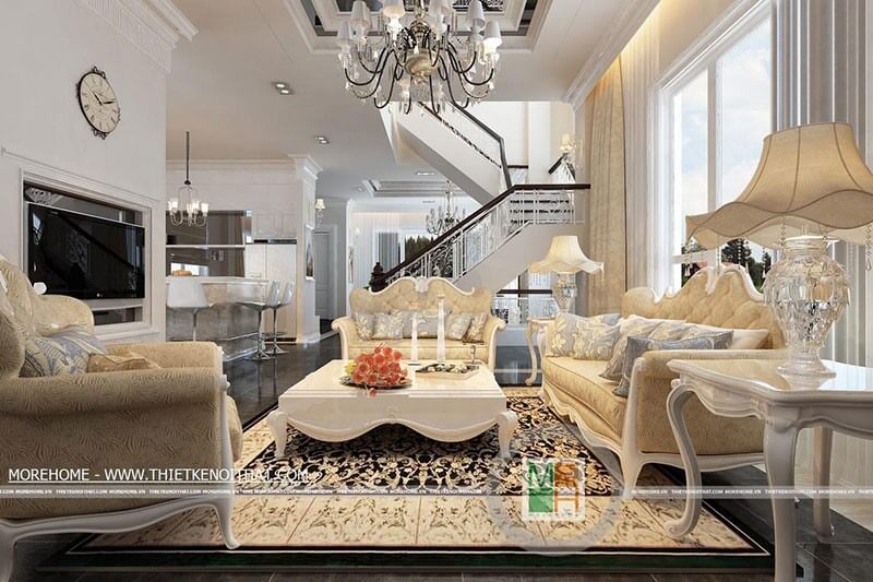 Mẫu sofa phòng khách tone màu vàng với họa tiết tân cổ điển, cùng đường cong ở thân ghế tinh tế là điểm nhấn cho không gian phòng khách Mẫu nội thất biệt thự tân cổ điển đẹp