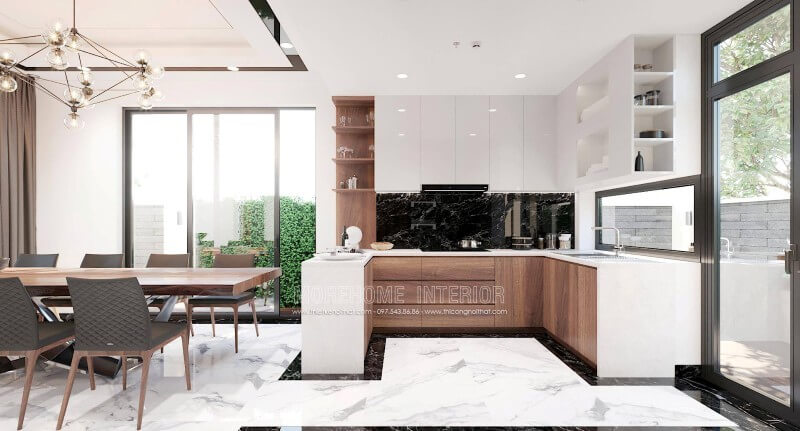 Mẫu tủ bếp chữ u được thiết kế ấn tượng với sự phân chia khoa học mang lại sự thuận tiện cho người nấu. Thiết kế và sản xuất tủ bếp đẹp
