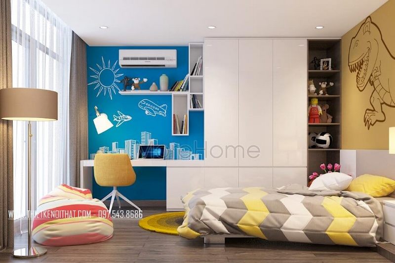 Nội thất phòng ngủ con được thiết kế ấn tượng, phần cửa sổ kính lớn mang ánh sáng tràn ngập căn phòng, tạo cho con bạn có một không gian nghỉ ngơi và học tập thư thái và tập trung nhất