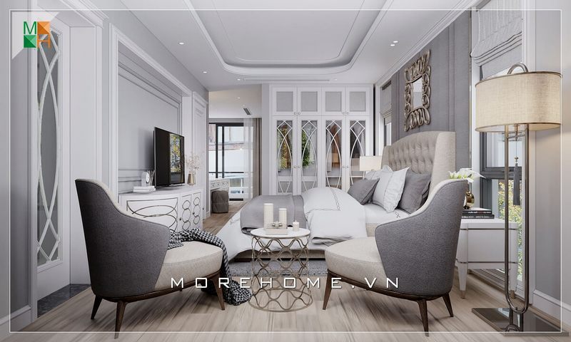 Ấn tượng mẫu tủ quần áo tân cổ điển thiết kế âm tường kịch trần rất hợp với không gian phòng ngủ tân cổ điển.