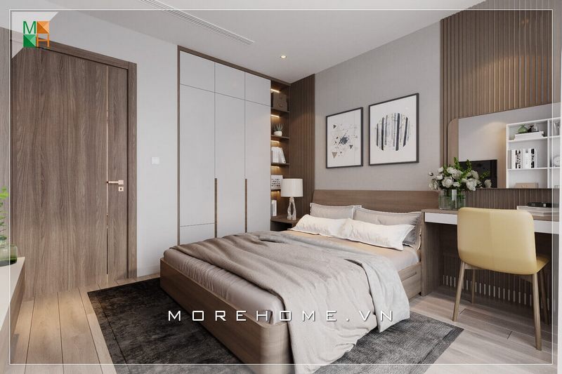 Mẫu tủ quần áo hiện đại acrylic trắng bóng thiết kế âm tường kịch trần rất thuận tiện và bố trí khoa học.