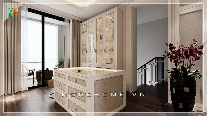 Ấn tượng mẫu thiết kế nội thất phòng thay đồ mang phong cách trang trí tân cổ điển rất sang trọng, sắp xếp nội thất rất khoa học.