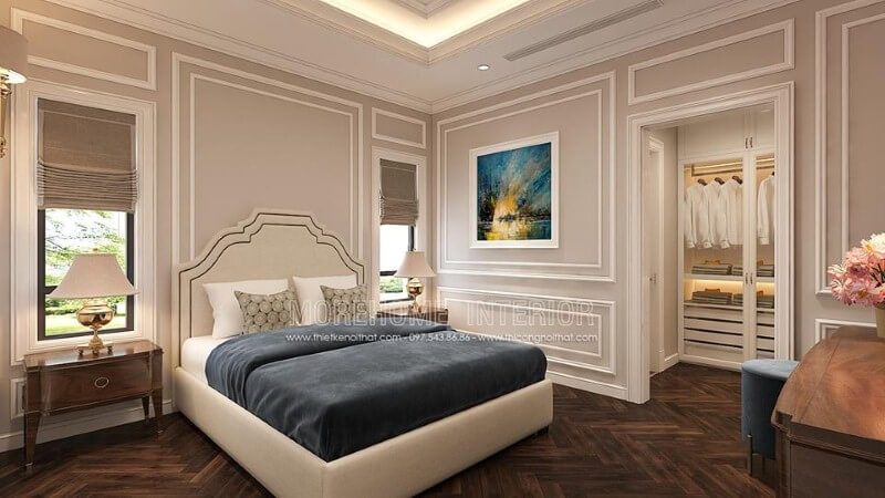 Thiết kế nội thất phòng ngủ tân cổ điển có tủ quần áo đẹp, sang trọng.