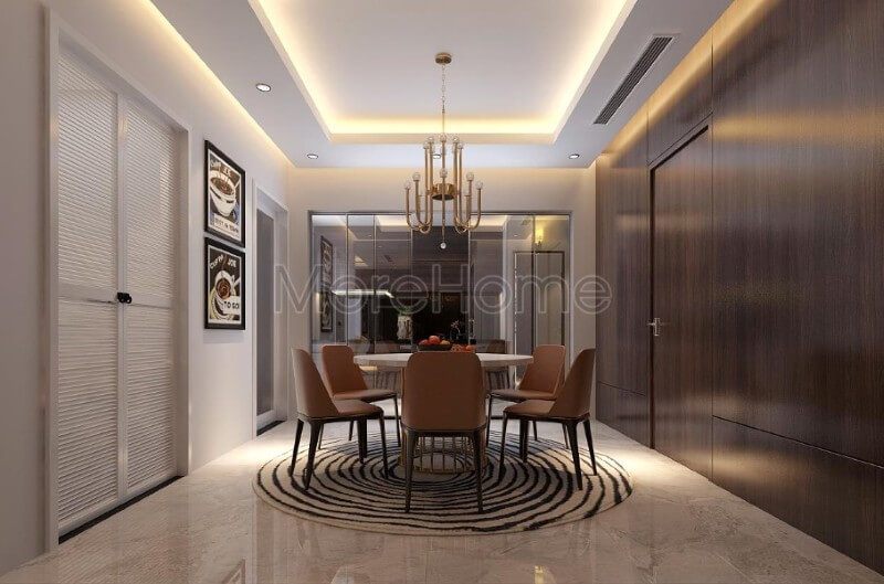 Bộ bàn ghế ăn 4 chỗ hết sức đơn giản, không có các họa tiết cầu kỳ nhưng vẫn tạo được hiệu ứng trang nhã và hiện đại cho căn phòng