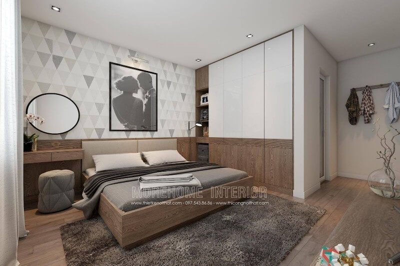 Bố trí nội thất phòng ngủ bố mẹ đơn giản, tạo khu vực nghỉ ngơi dễ chịu, bình yên