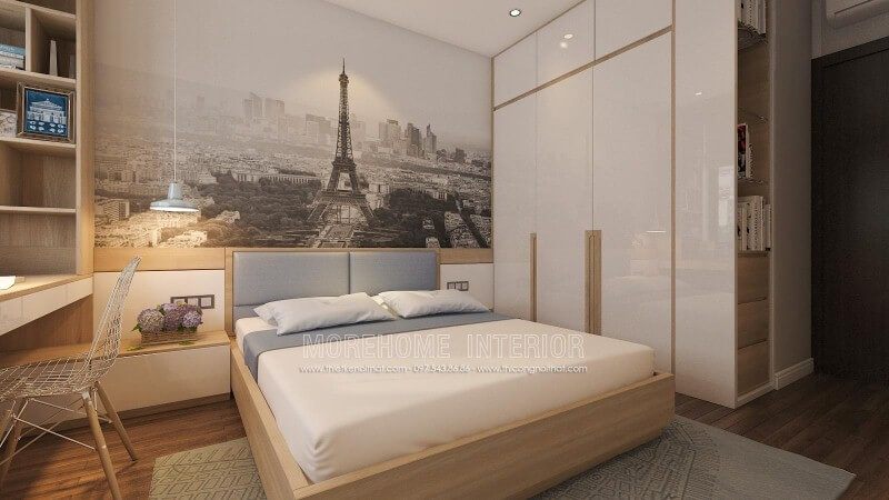 Giường bọc nệm hiện đại, tủ quần áo gỗ công nghiệp tối giản, đèn thả cùng tab đầu giường làm kệ đã tạo nên ý tưởng bố trí nội thất phòng ngủ đẹp, hiện đại nhưng đầy tiện ghi.