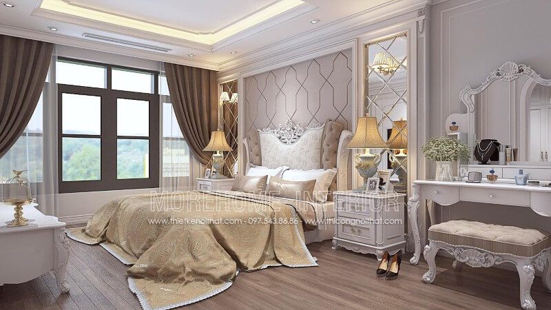 Nam. Mẫu giường ngủ gỗ sồi phun sơn trắng cao cấp với phần đầu giường kết hợp bọc nỉ nhung là một trong những mẫu đẹp nhất trong bộ sưu tập giường ngủ