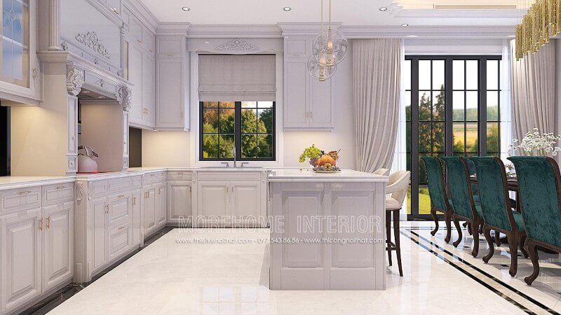 Tủ bếp gỗ tần bì Alkana cao cấp với phun sơn trăng ấn tượng khiến bạn mê mẩn.