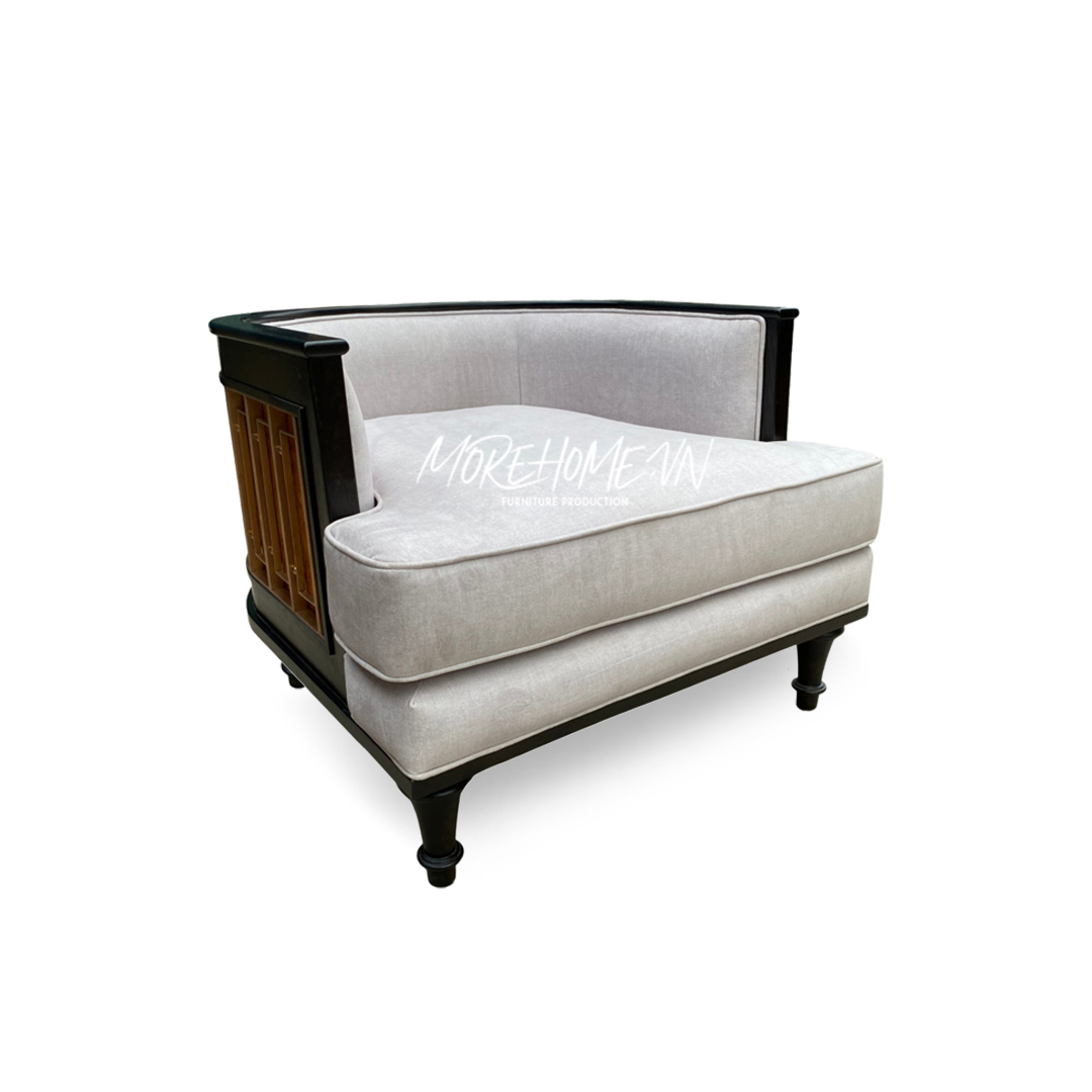 Ghế sofa gỗ Sồi tự nhiên kết hợp với bọc nỉ Acacia nhập khẩu từ Bỉ, mang phong cách Indochine.