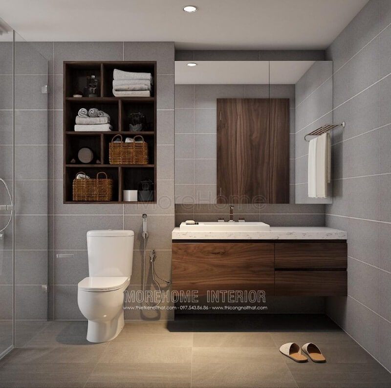 Tủ nhà tắm có một trải nghiệm đẹp ấn tượng khi được trang bị bởi cánh tủ gỗ óc chó, được làm bằng vật liệu đá sang trọng.